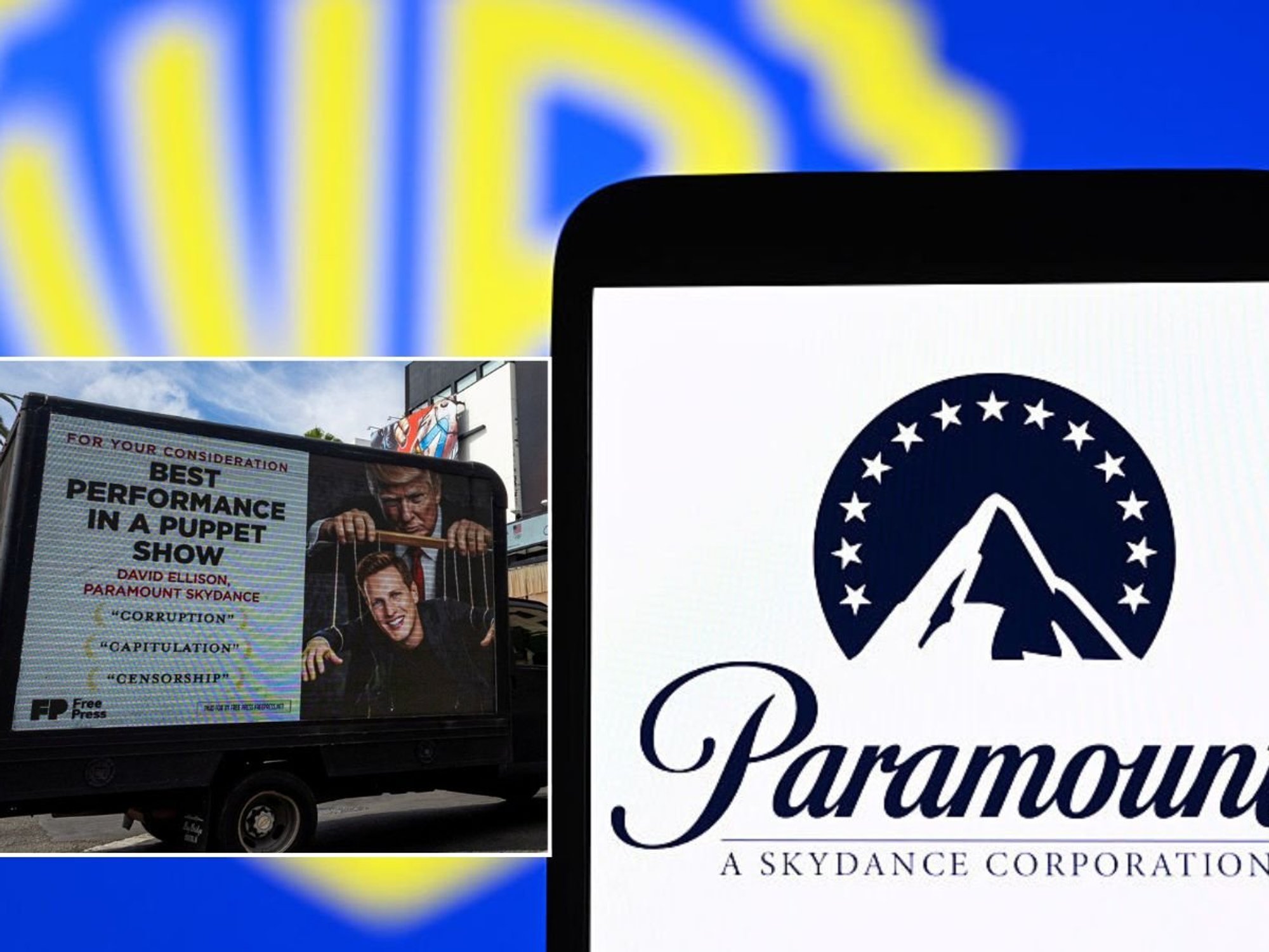 Paramount, Warner Bros and billboard criticising Donald Trump and Larry Ellison