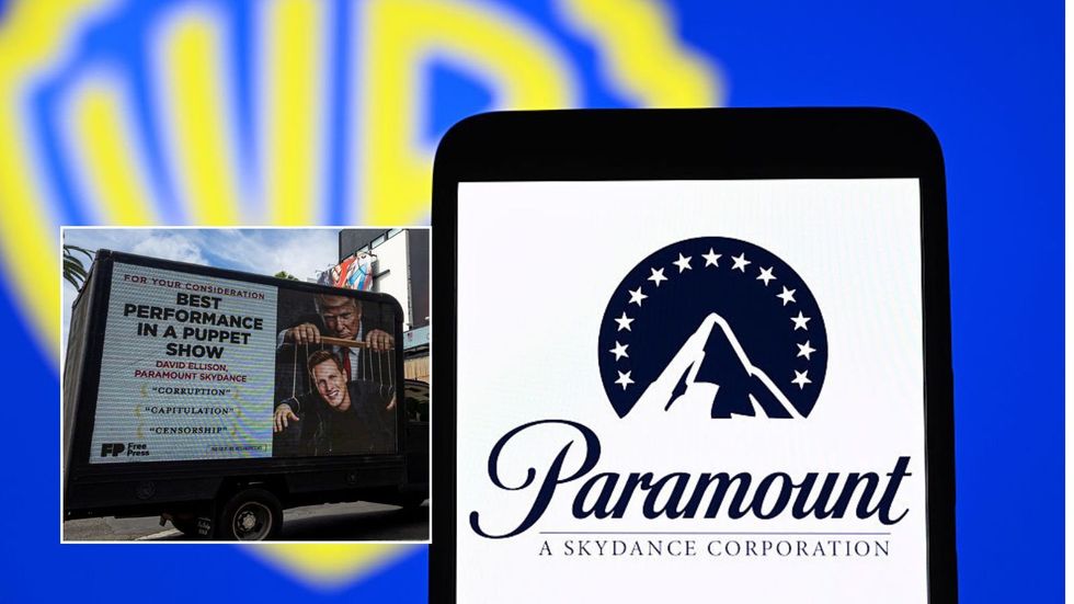 Paramount, Warner Bros and billboard criticising Donald Trump and Larry Ellison