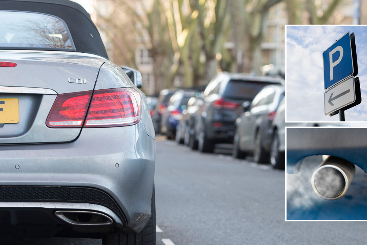 Parked car and emissions with parking sign