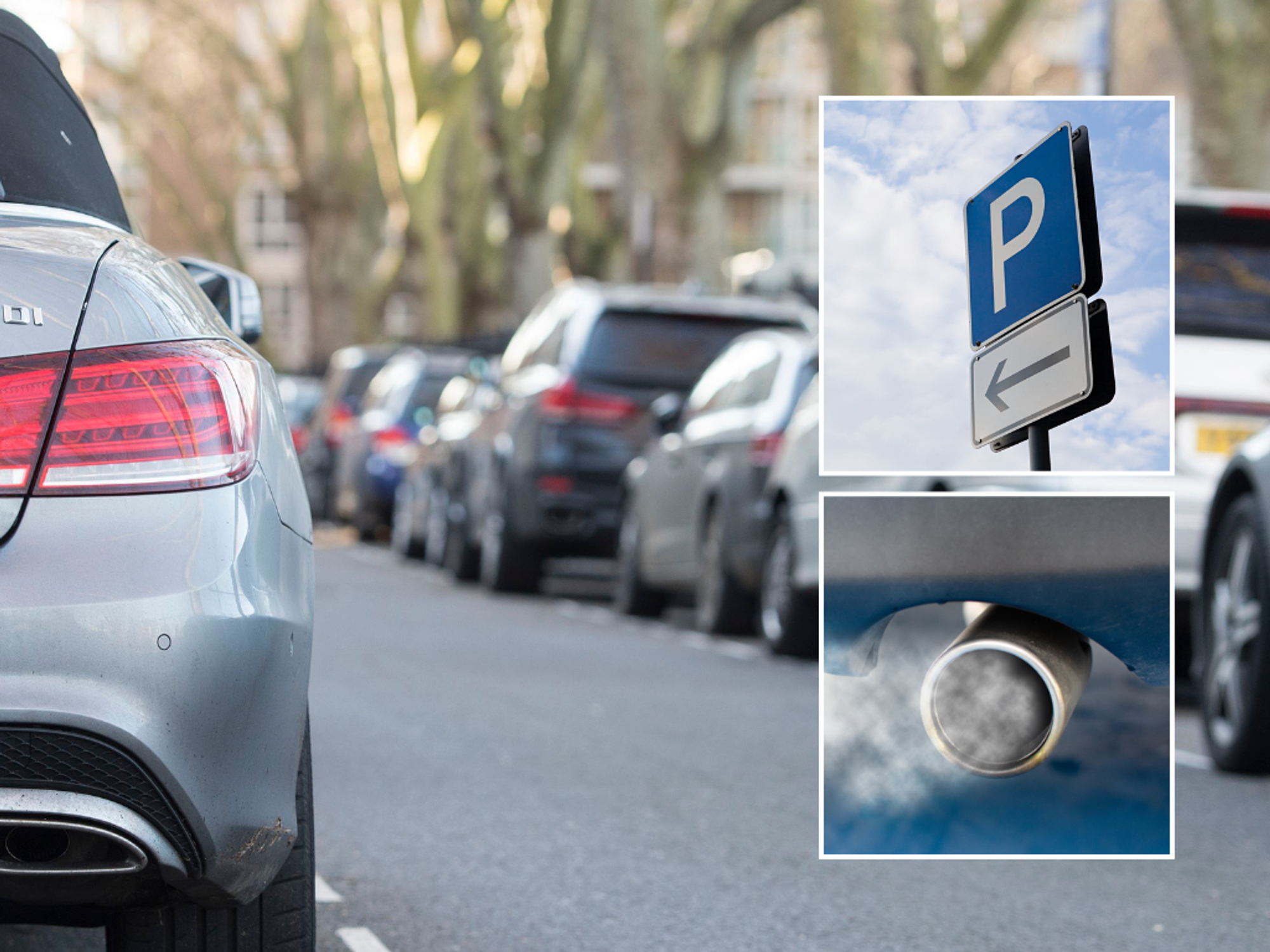 Parked car and emissions with parking sign