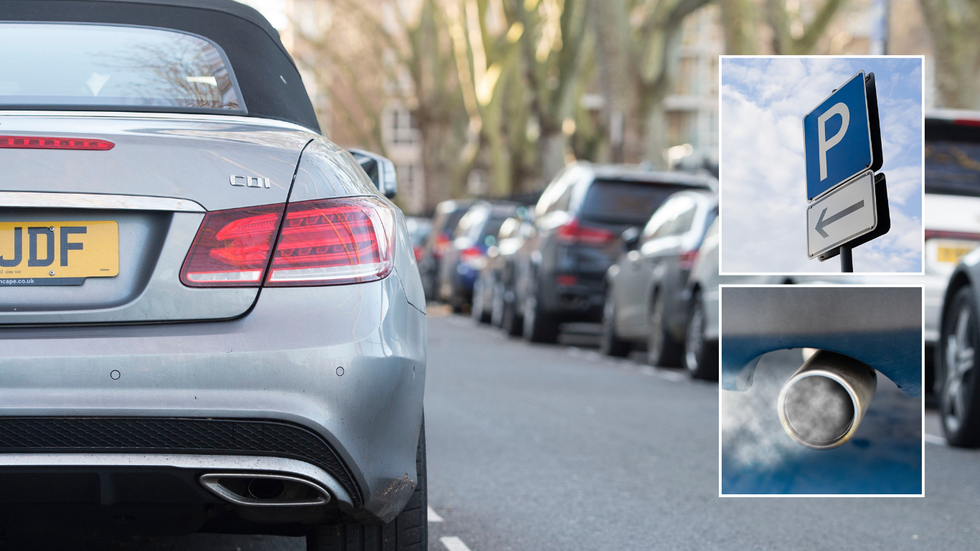Parked car and emissions with parking sign