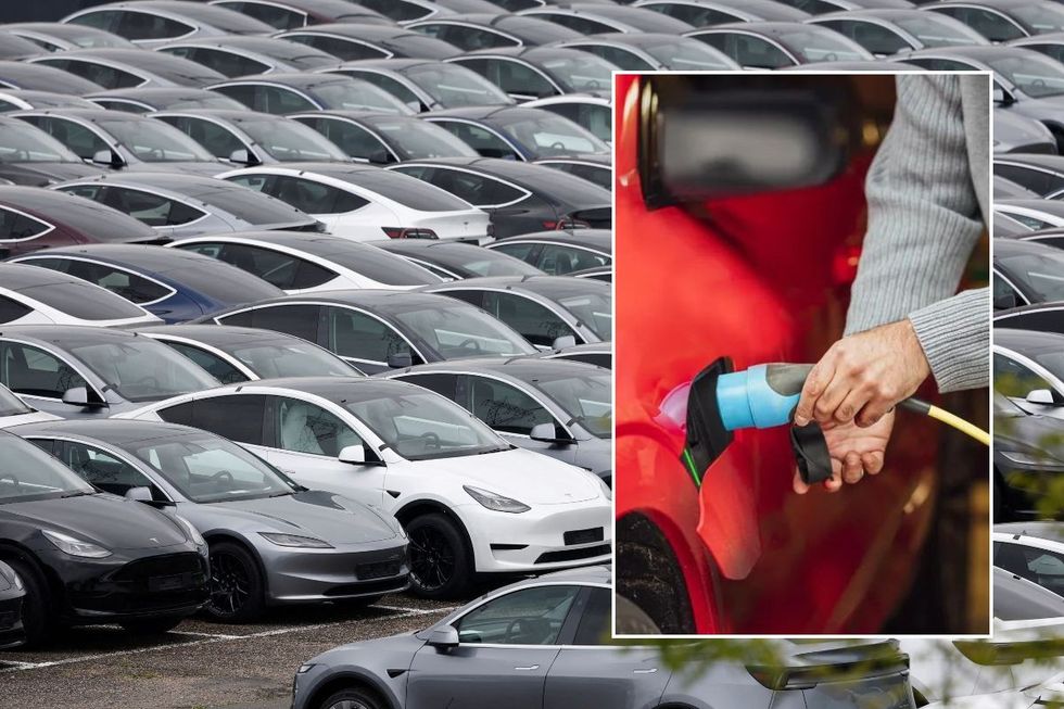 Parked Tesla models and a man charging an electric car