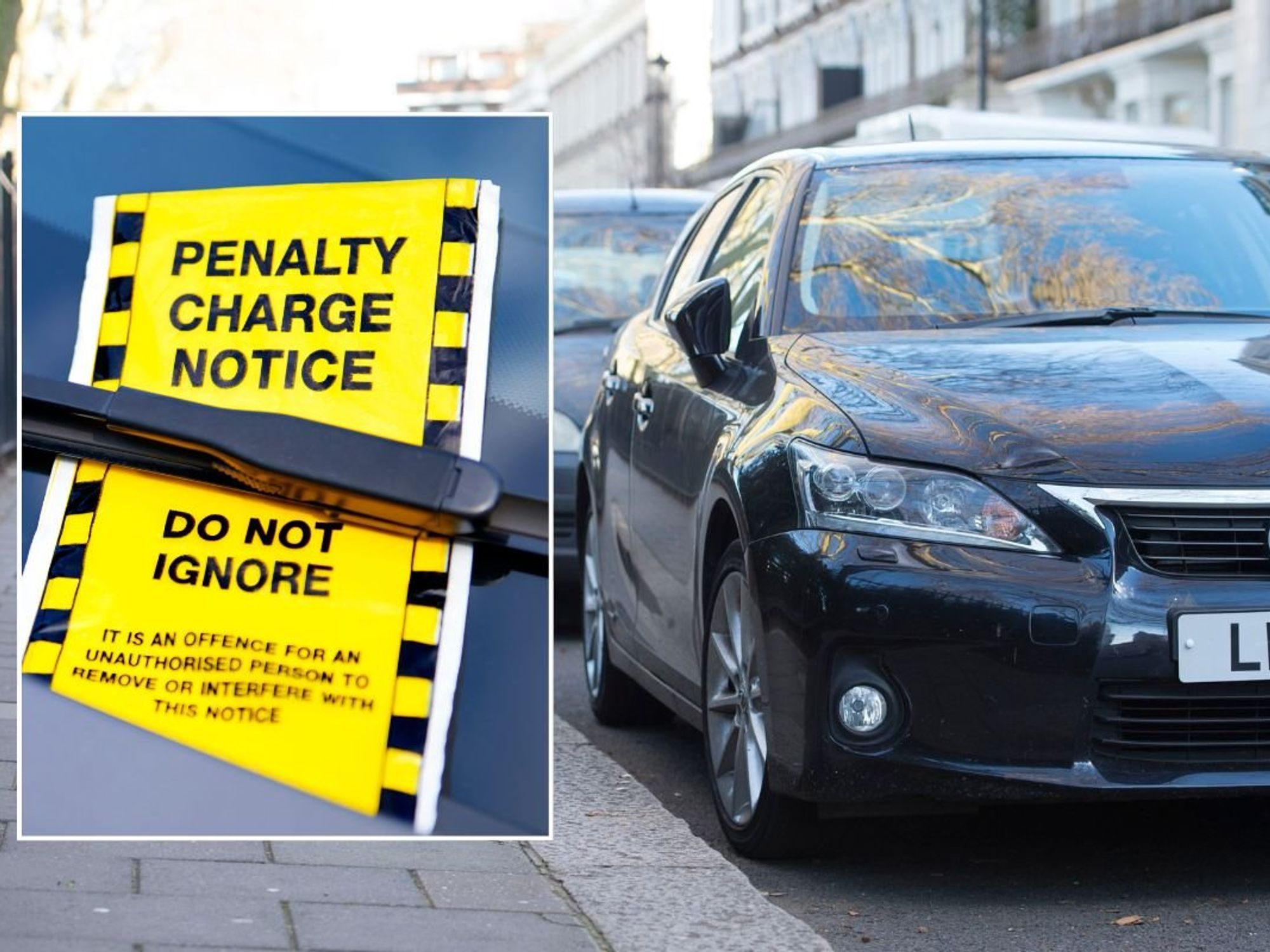Parking fine and a car parked on the road