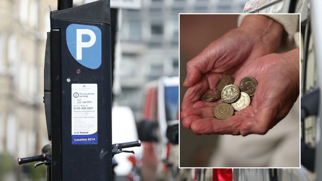 Parking pay and display machine and an elderly person holding coins