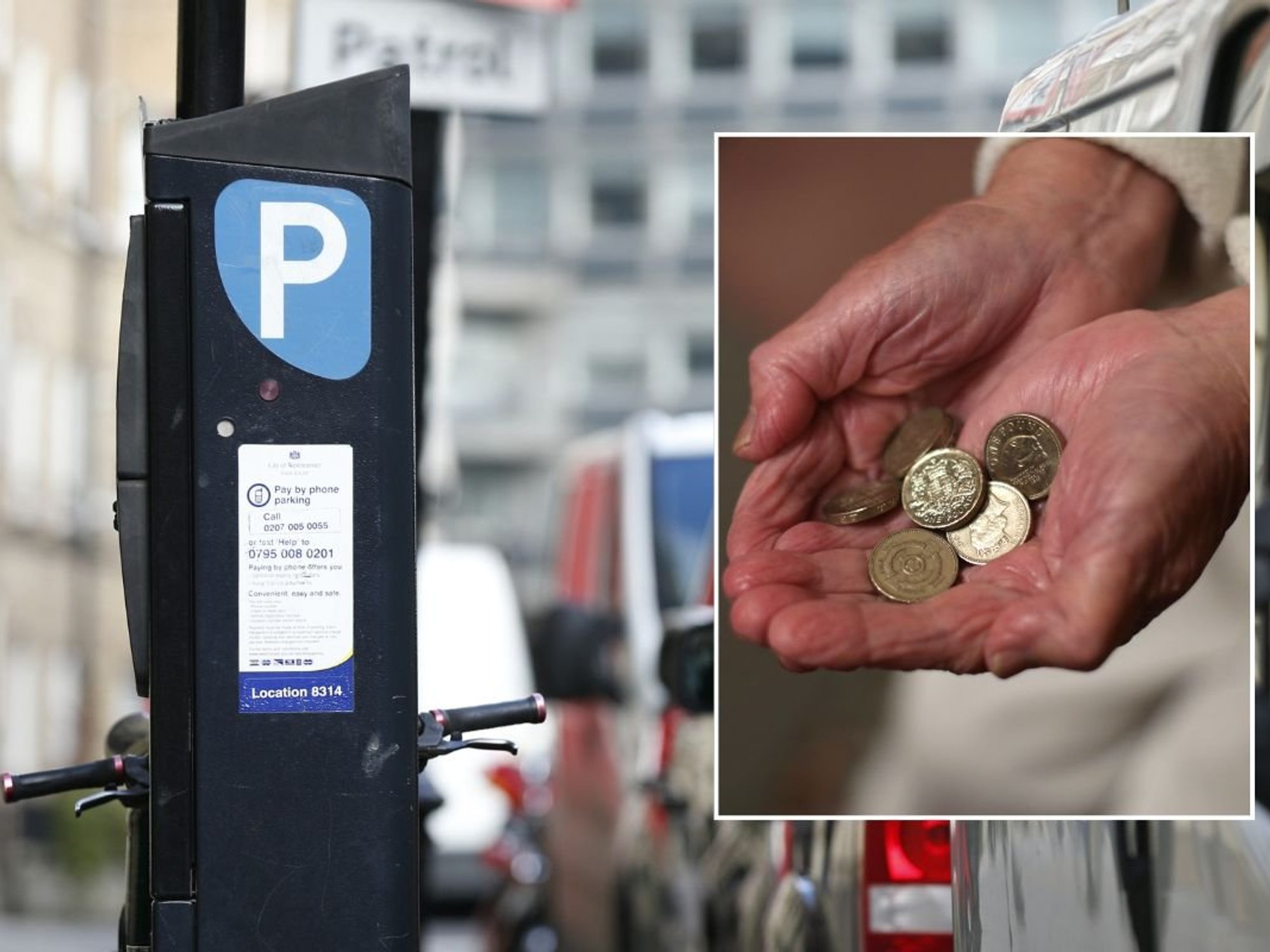 Parking pay and display machine and an elderly person holding coins