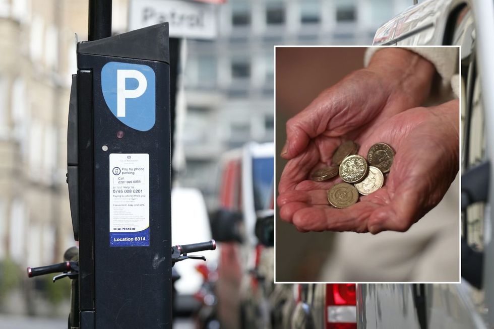 Parking pay and display machine and an elderly person holding coins
