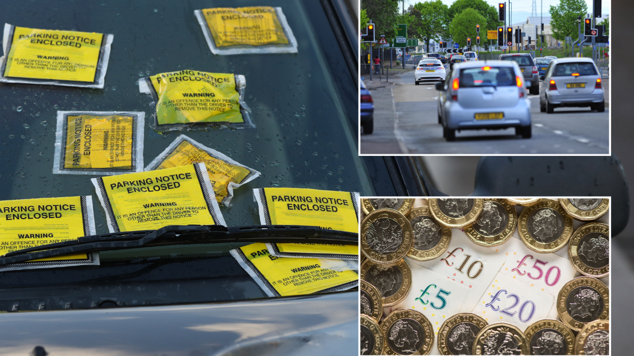 Parking tickets, cars driving on a road and UK money