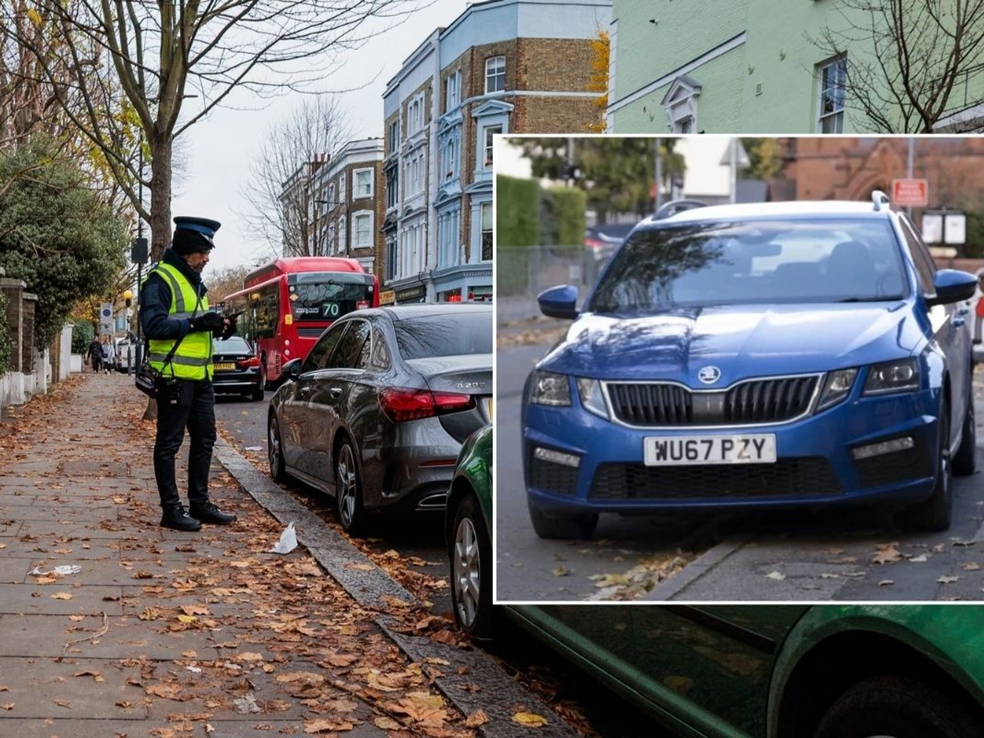 Parking warden and a car parked on the pavement