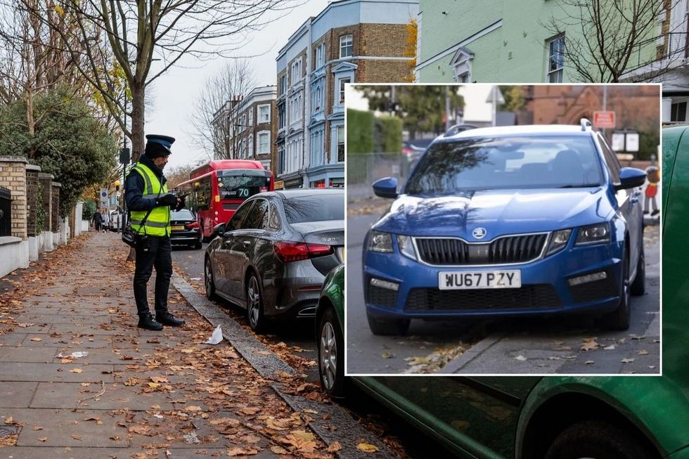 Parking warden and a car parked on the pavement