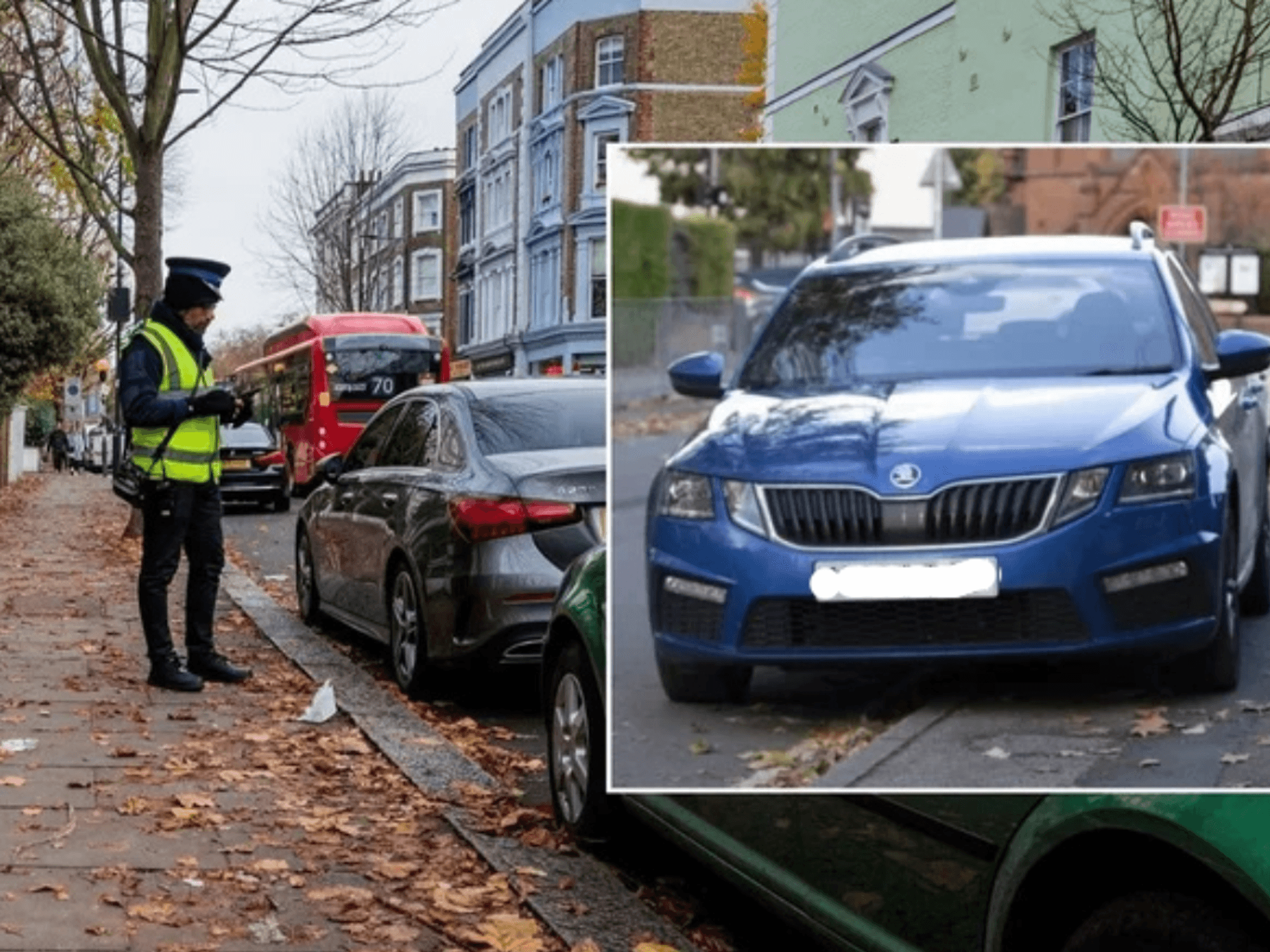 Parking warden and a car parked on the pavement