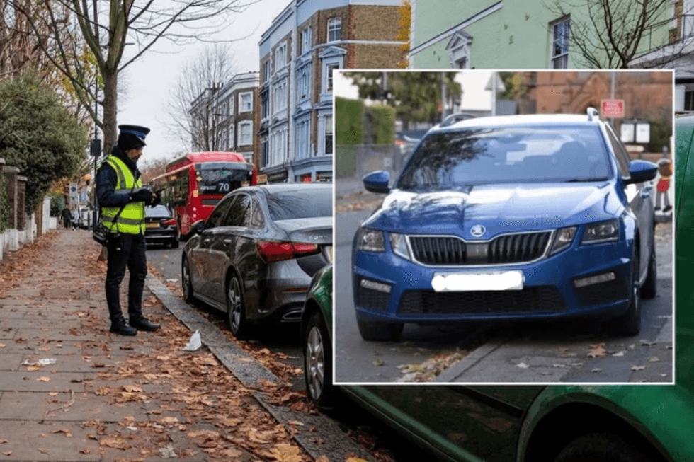 Parking warden and a car parked on the pavement