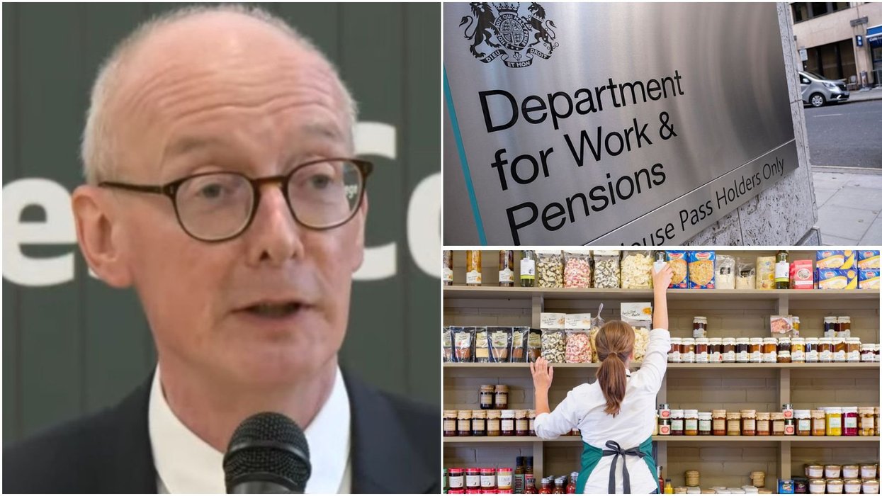 Pat McFadden, woman packing shelves and DWP sign