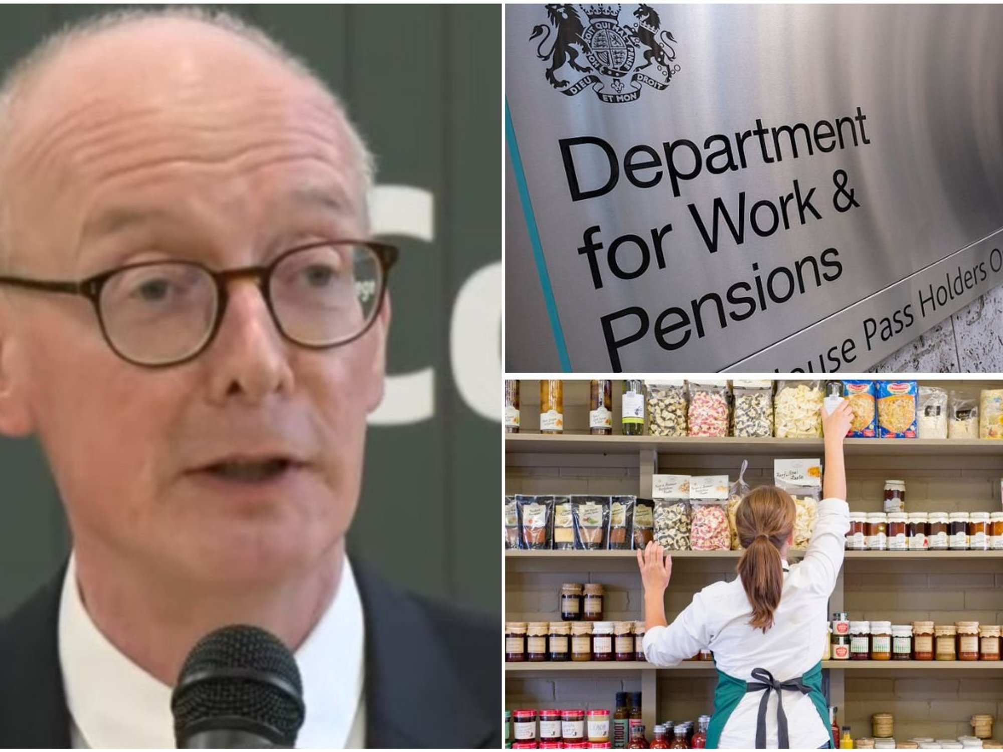 Pat McFadden, woman packing shelves and DWP sign