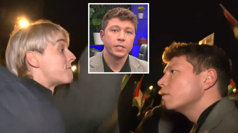 Patrick Christys and a pro-Palestinian protester