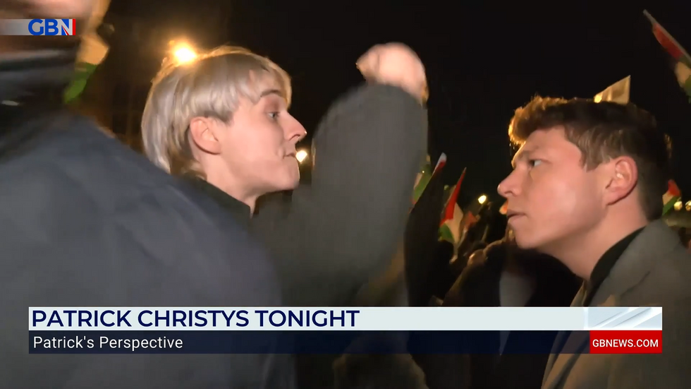 Patrick Christys and a pro-Palestinian protester