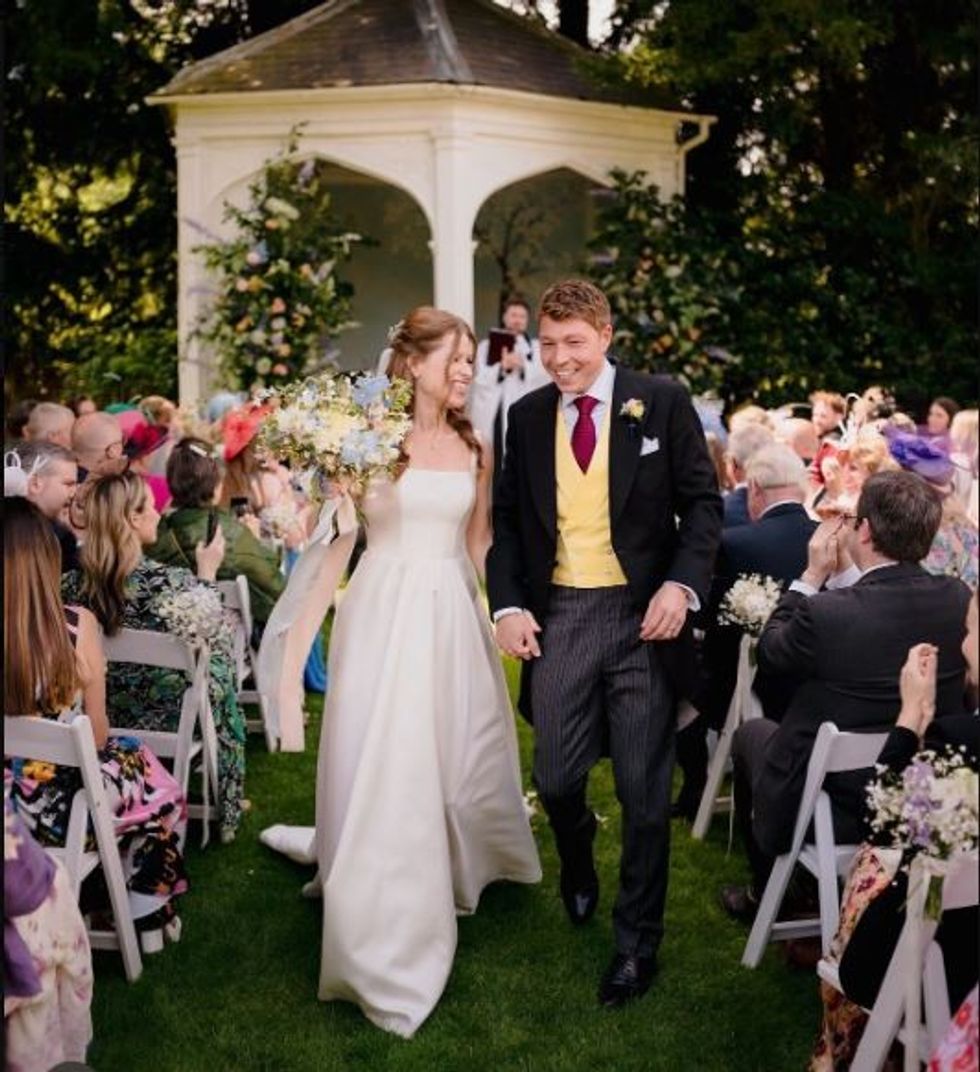 Patrick Christys and Emily Carver in wedding photos