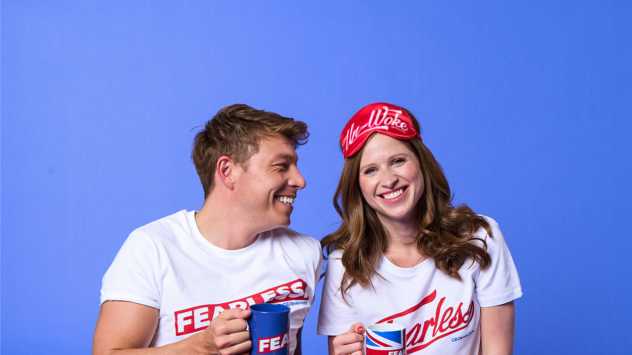 Patrick Christys and Emily Carver wearing the fearless collection merchandise