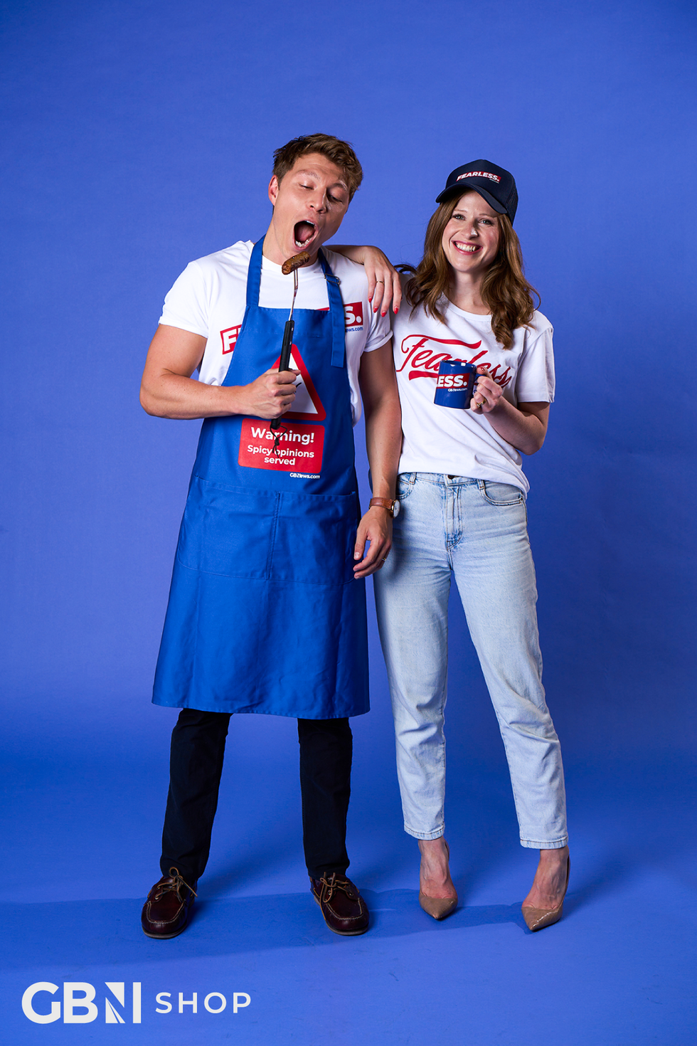 Patrick Christys and Emily Carver wearing the fearless collection merchandise