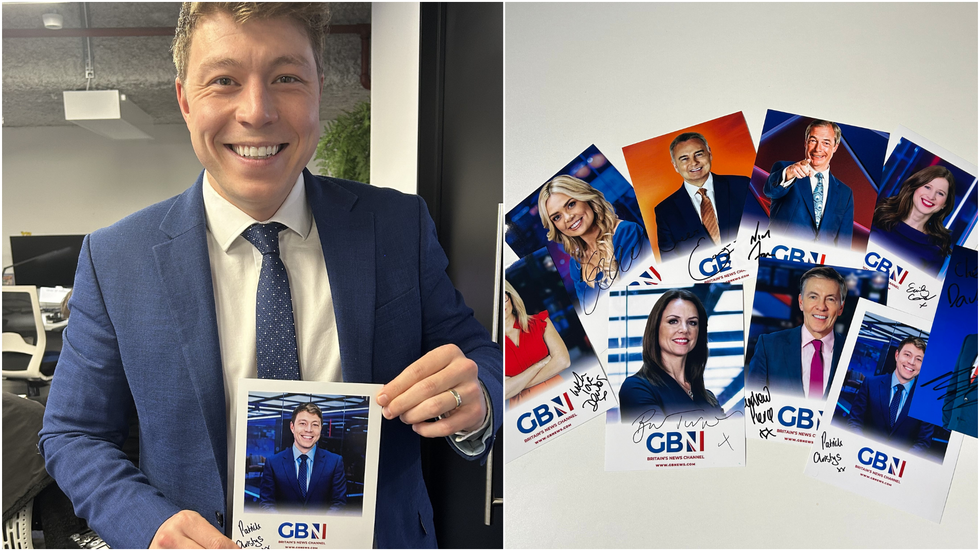 Patrick Christys and signed photos of GB News presenters