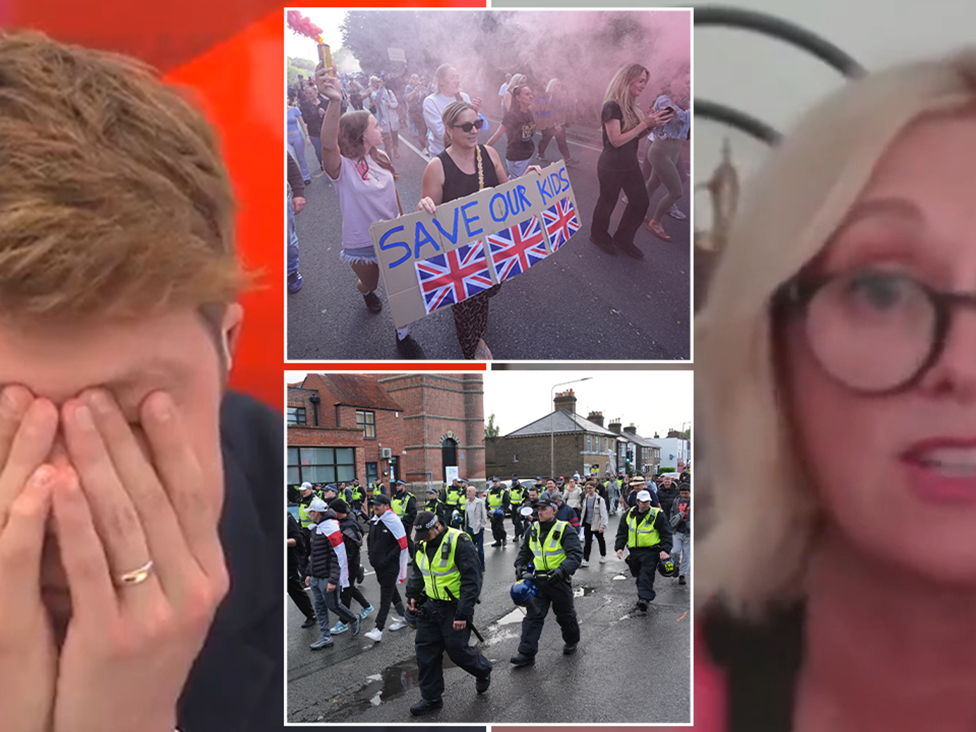 Patrick Christys holds his head in his hands as Lindsey Thompson tells him about an exchange she claims to have had with a police officer