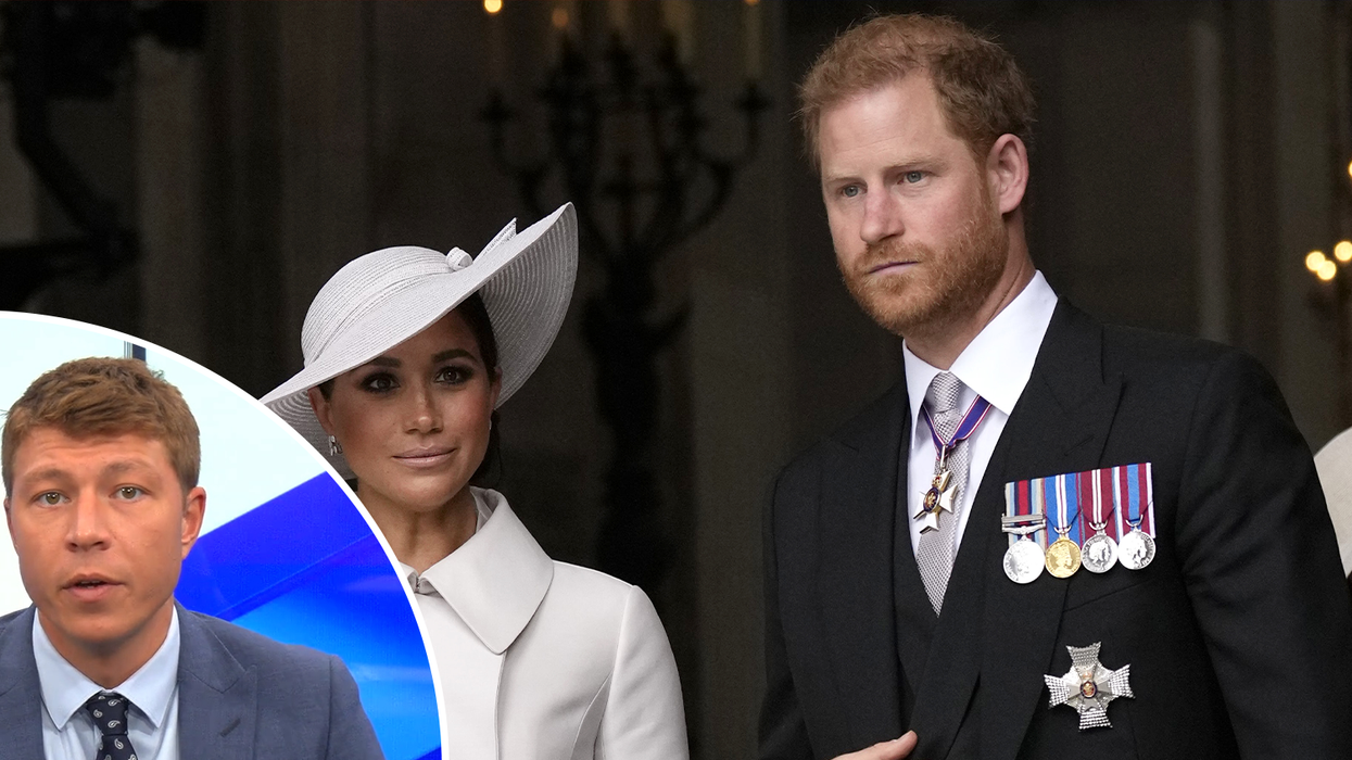 Patrick Christys (left) and Harry with Meghan (right)