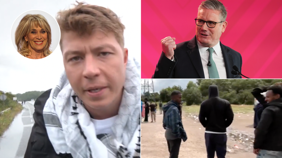 Patrick Christys (left), Keir Starmer (top right), migrants Calais (bottom right)