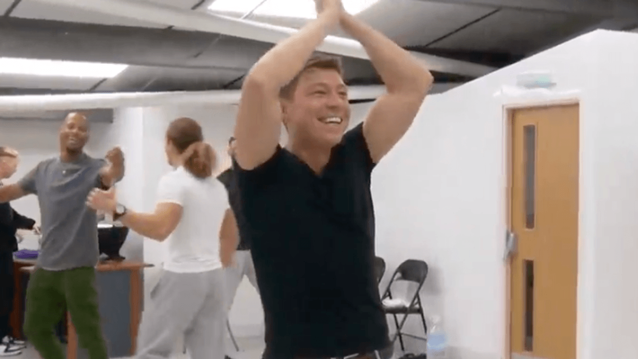 Patrick Christys prepares to dance with the Dreamboys