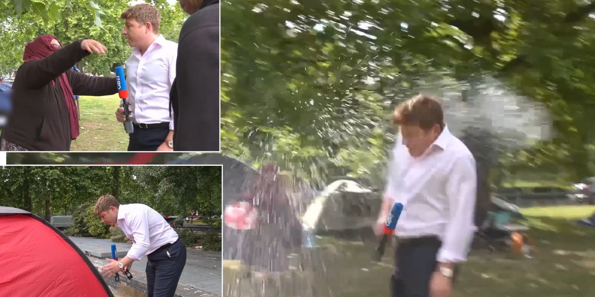 NextImg:Watch the moment that Patrick Christys is doused with water in dramatic migrant camp standoff