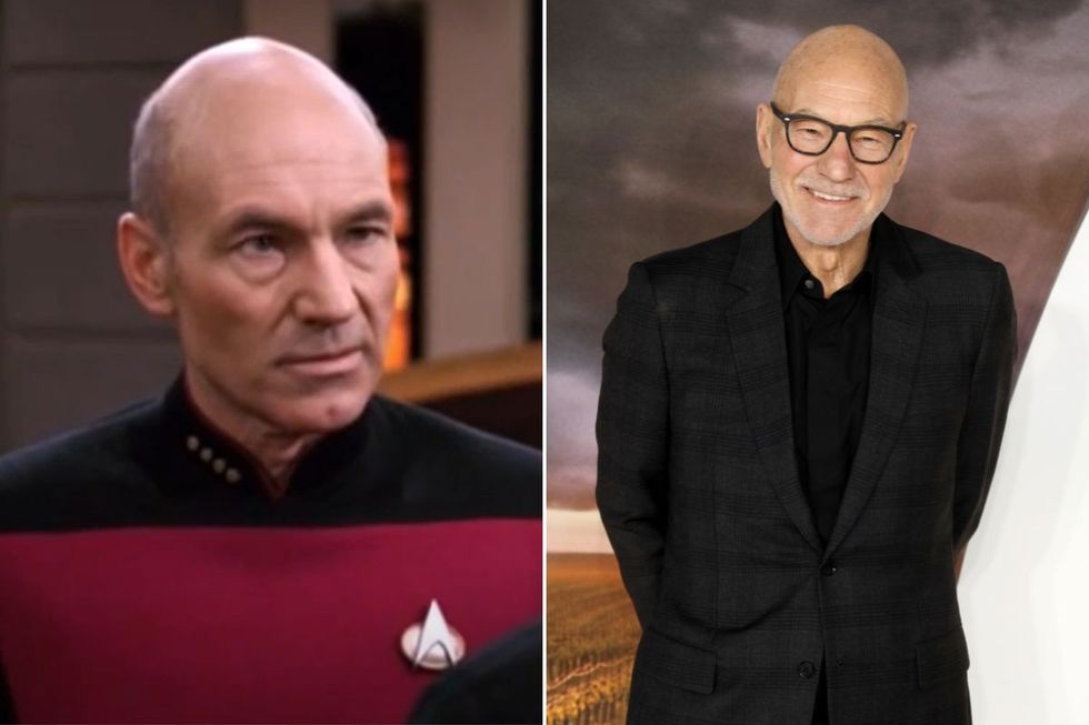 Patrick Stewart as Jean-Luc Picard and at a Star Trek event in 2020