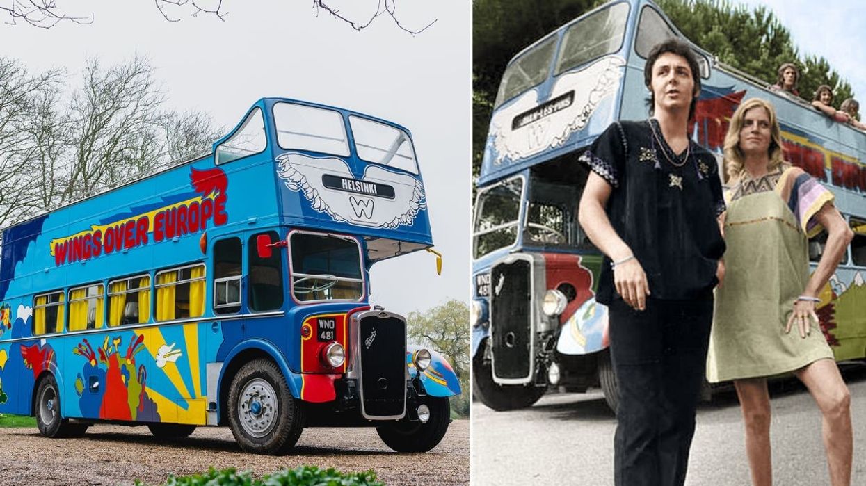 Paul and Linda McCartney with the iconic Wings tour bus