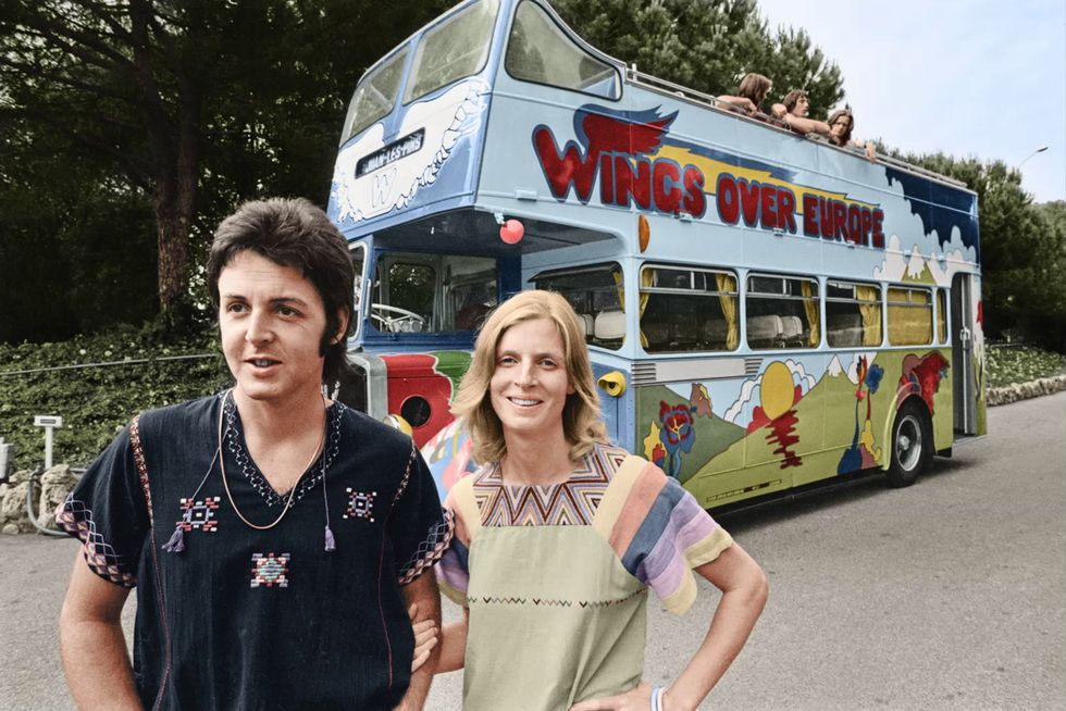 Paul and Linda McCartney with the iconic Wings tour bus