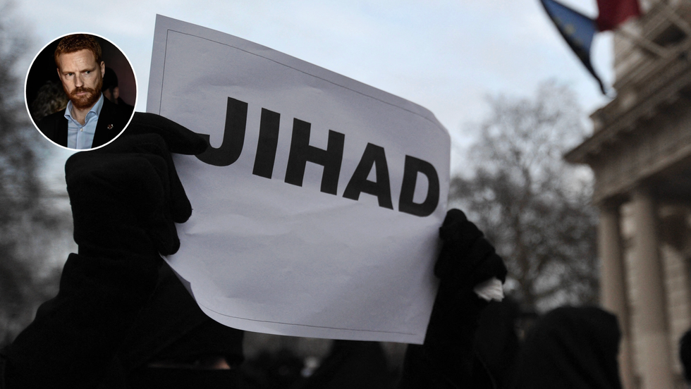 Paul Embery (left), A Muslim protester holds up a sign that reads "Jihad" during a demonstration (right)
