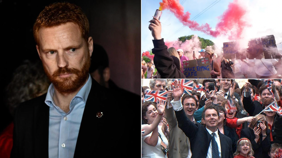 Paul Embery left), Epping hotel protests (top right), Tony Blair's 1997 election win (bottom right)