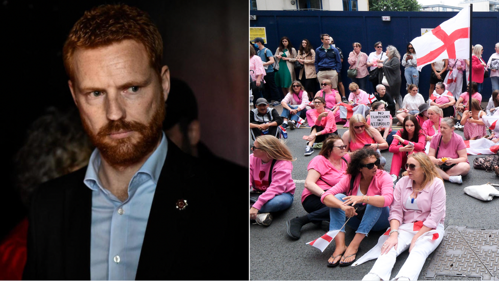 Paul Embery (left), female protestors outside a migrant hotel in Canary Wharf (right)