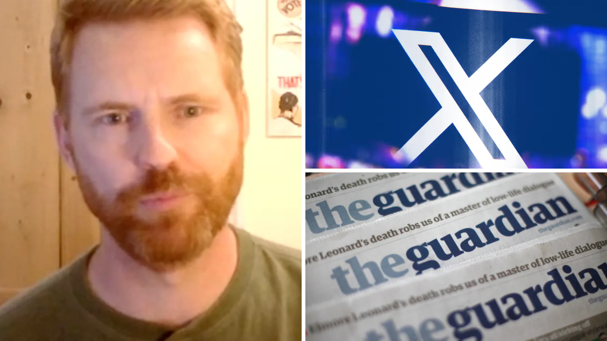 Paul Embery (left), X logo (top right), Guardian paper (bottom right)