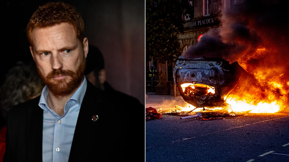 Paul Embery (right), burning car (right)
