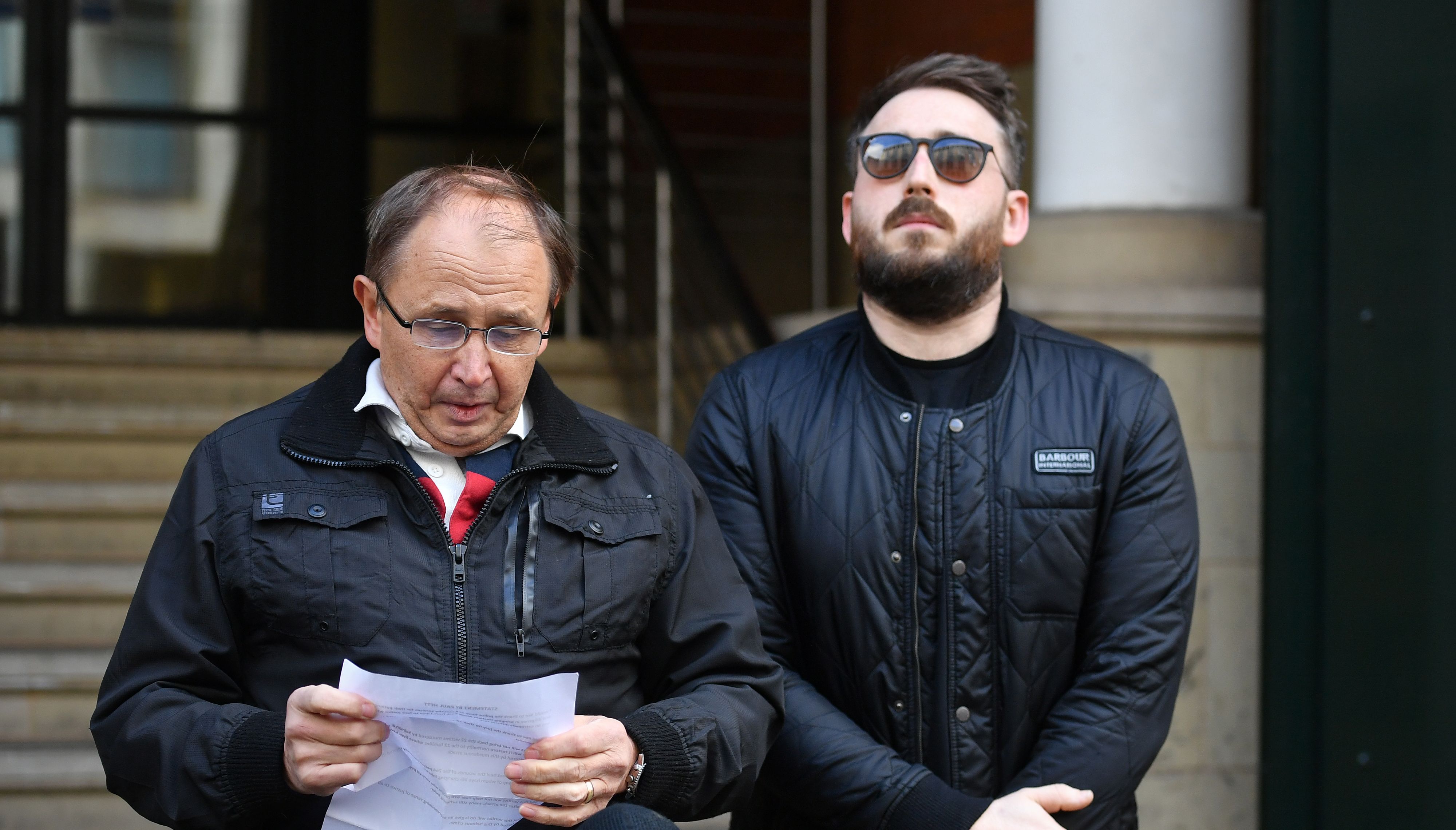 Paul Hett, father of Manchester Arena attack victim Martyn Hett, (with Martyn's brother Matt, right) speaking outside Manchester Minshull Court in March 2020.