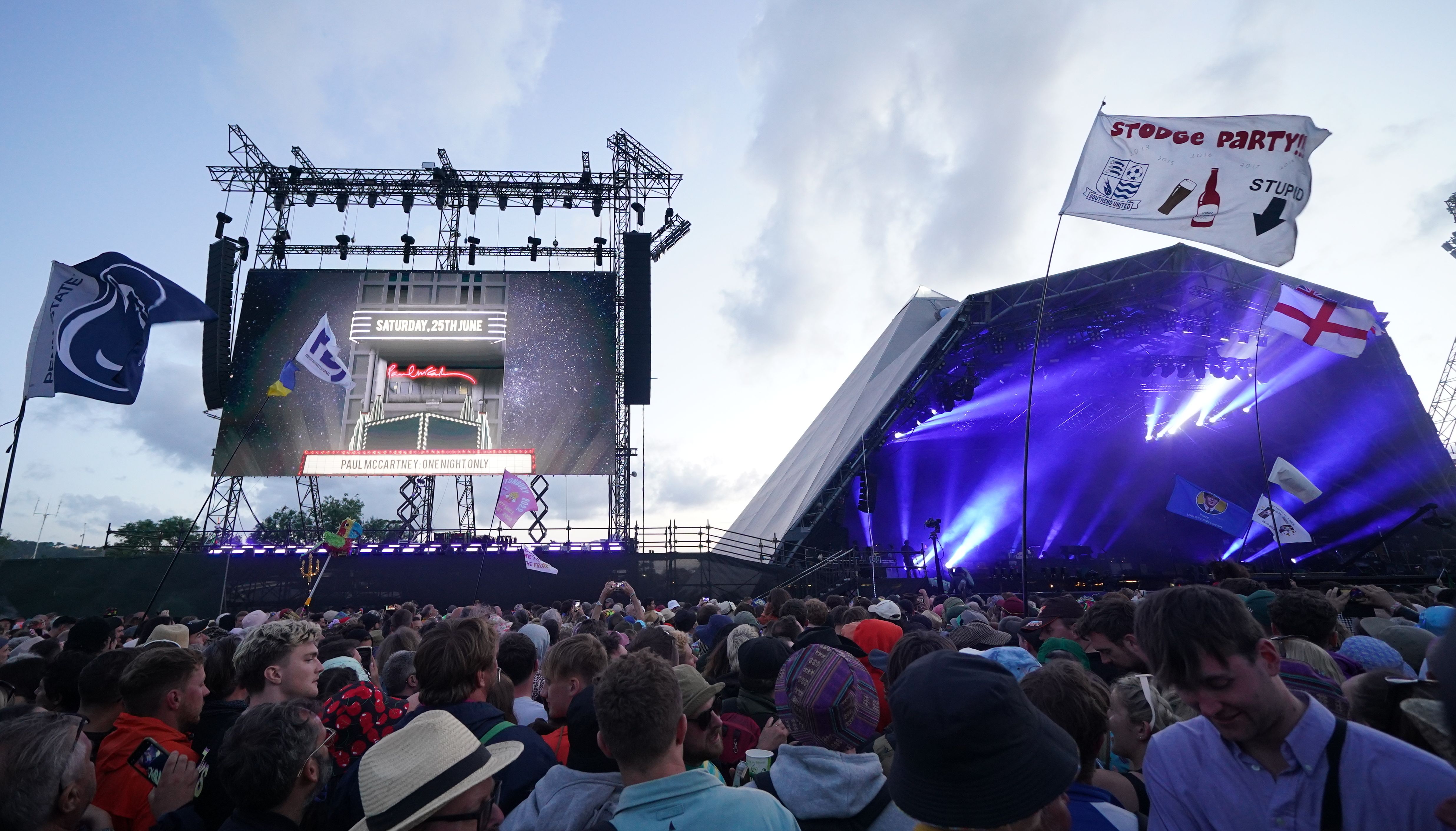 Paul McCartney performing on the Pyramid Stage during the Glastonbury Festival at Worthy Farm in Somerset.