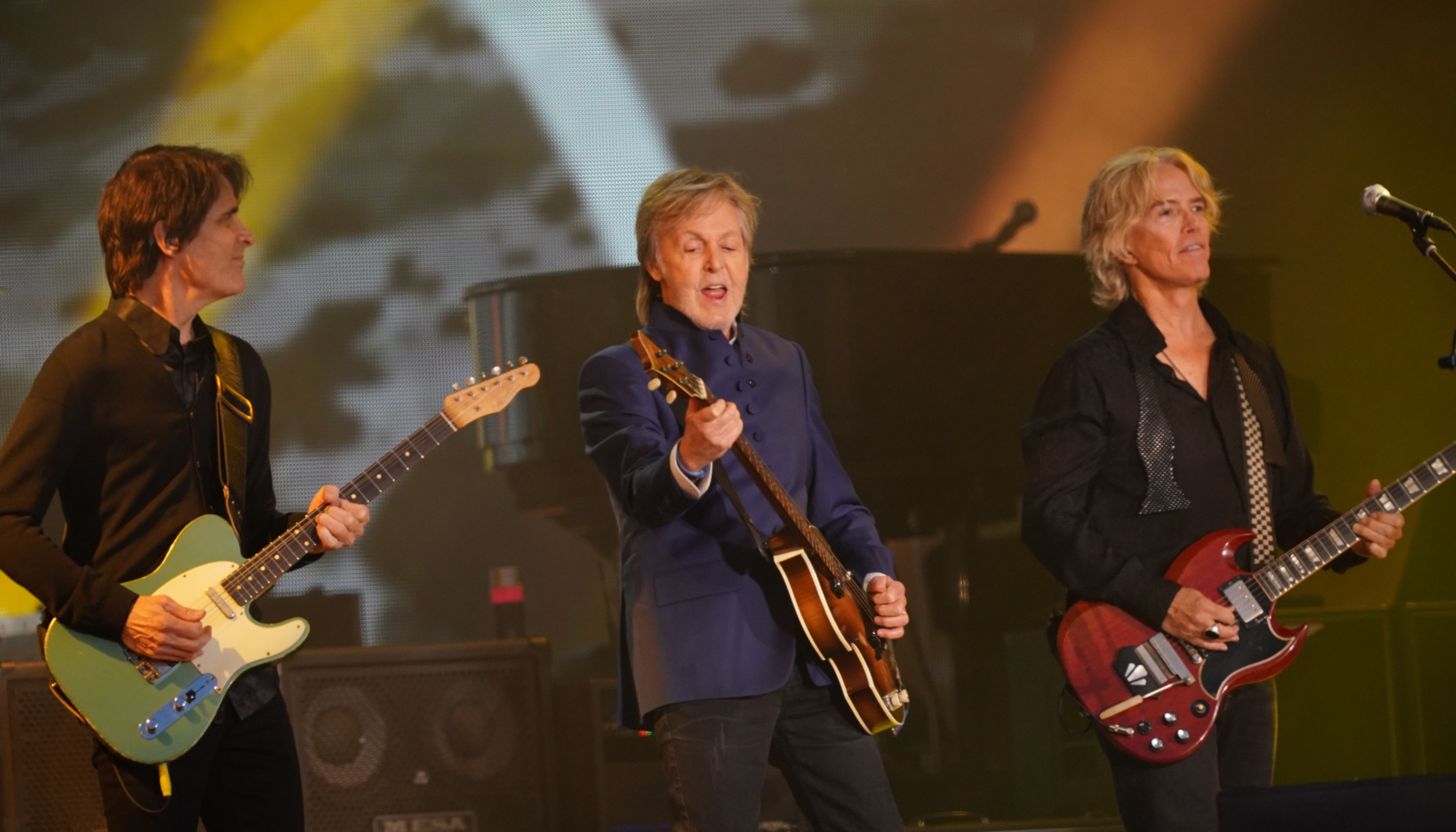 Paul McCartney performing on the Pyramid Stage during the Glastonbury Festival at Worthy Farm in Somerset.