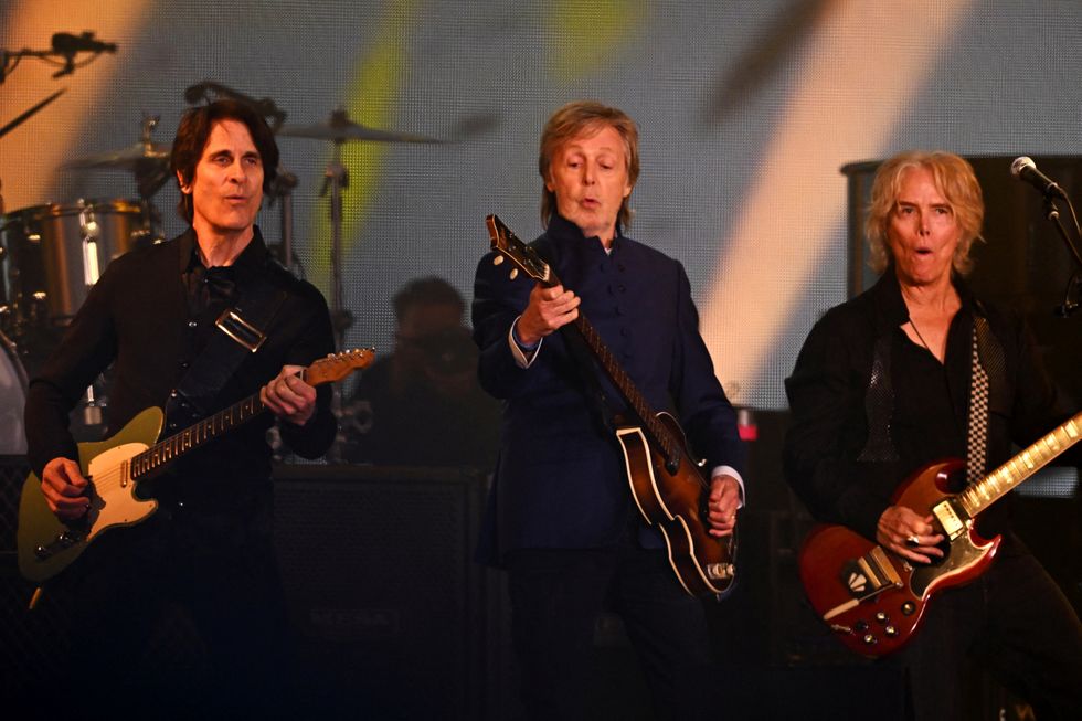 Paul McCartney performs on the Pyramid stage at Worthy Farm in Somerset during the Glastonbury Festival.