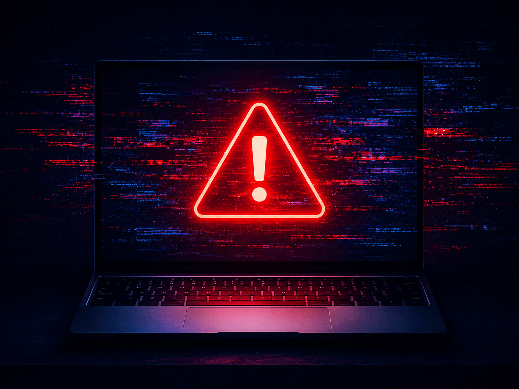 PC with red warning symbol on screen with red and blue glitch