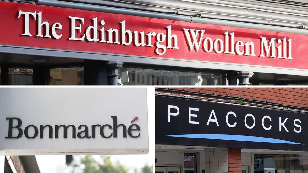 Peacocks, Bonmarch\u00e9 and The Edinburgh Woollen Mill signs outside stores