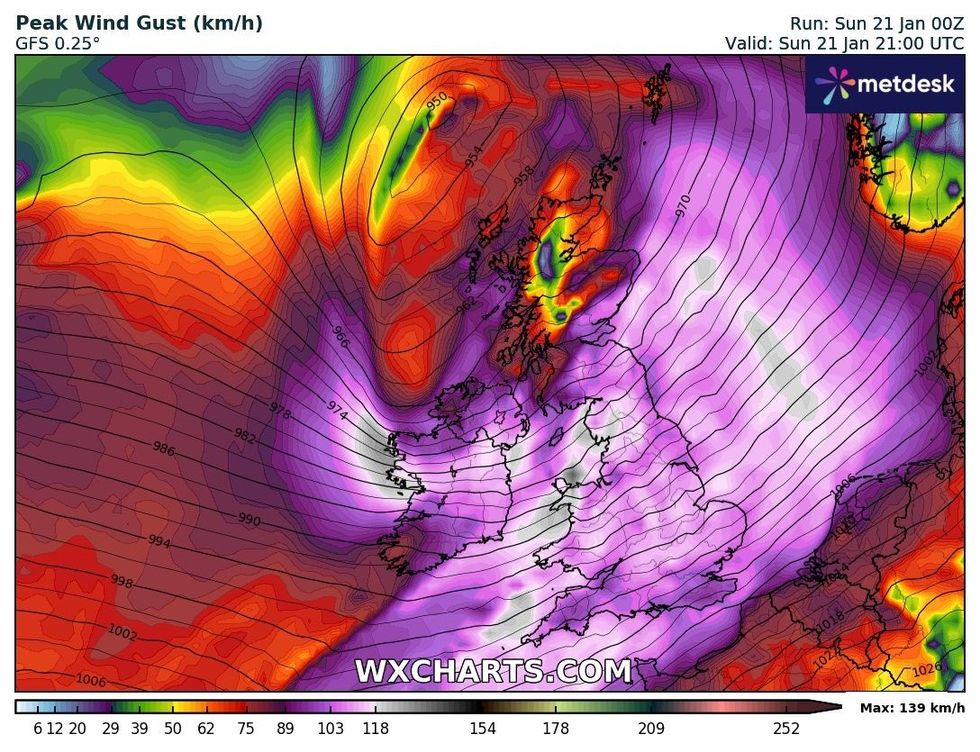 Peak wind gusts on Sunday