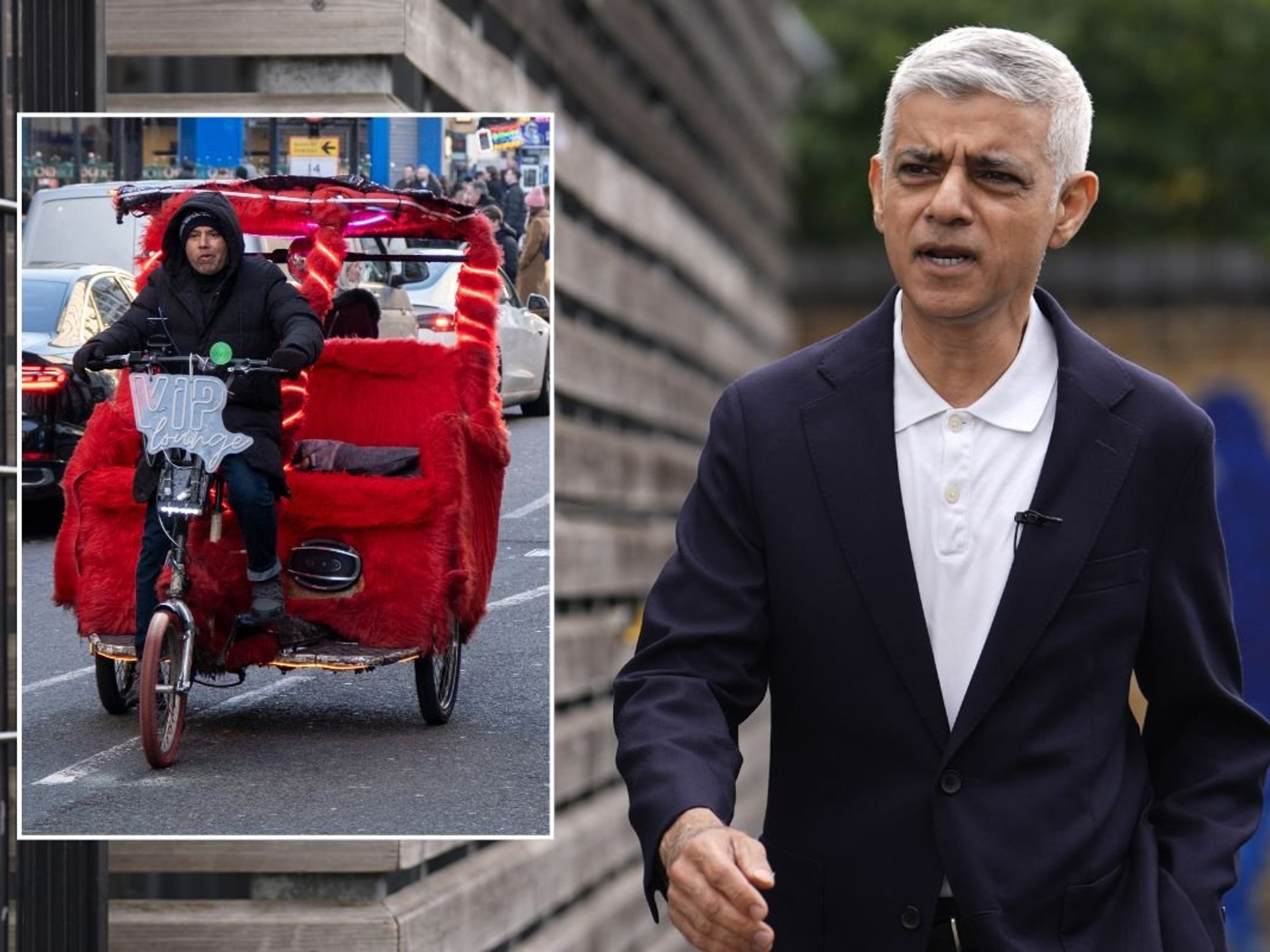Pedicab rider in London and London Mayor Sadiq Khan