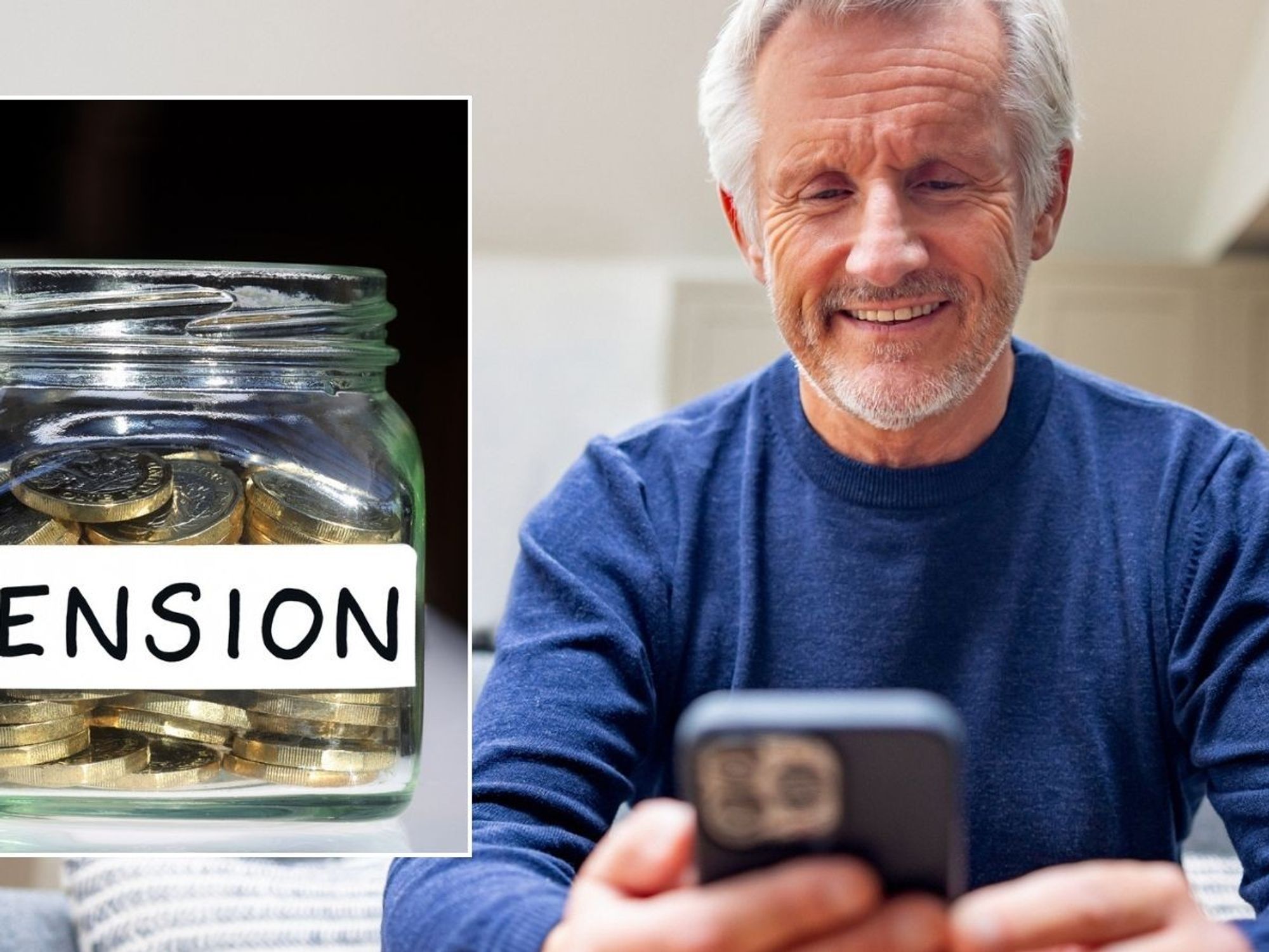 Pension savings and happy man looking at phone