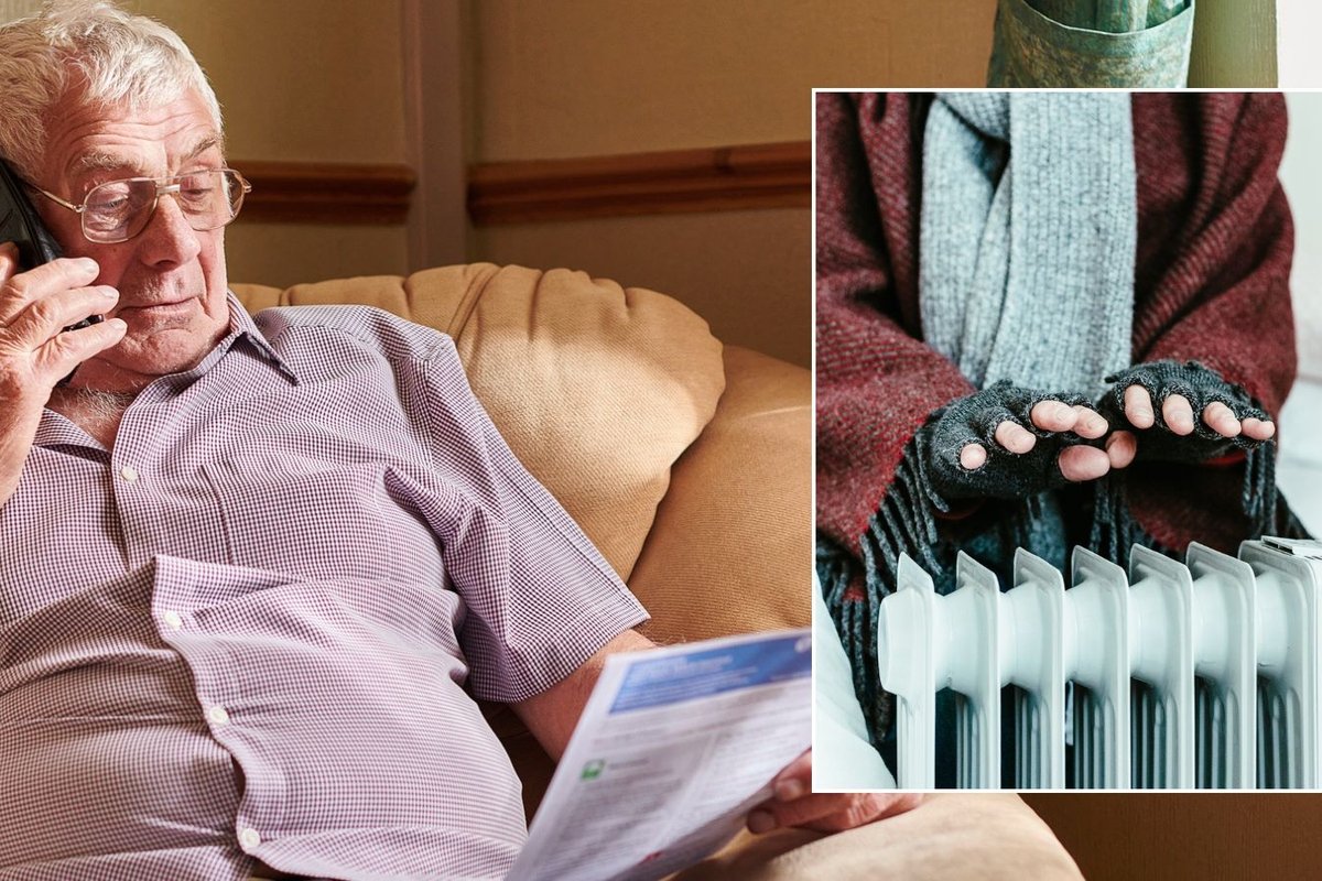 Pensioner and man using radiator