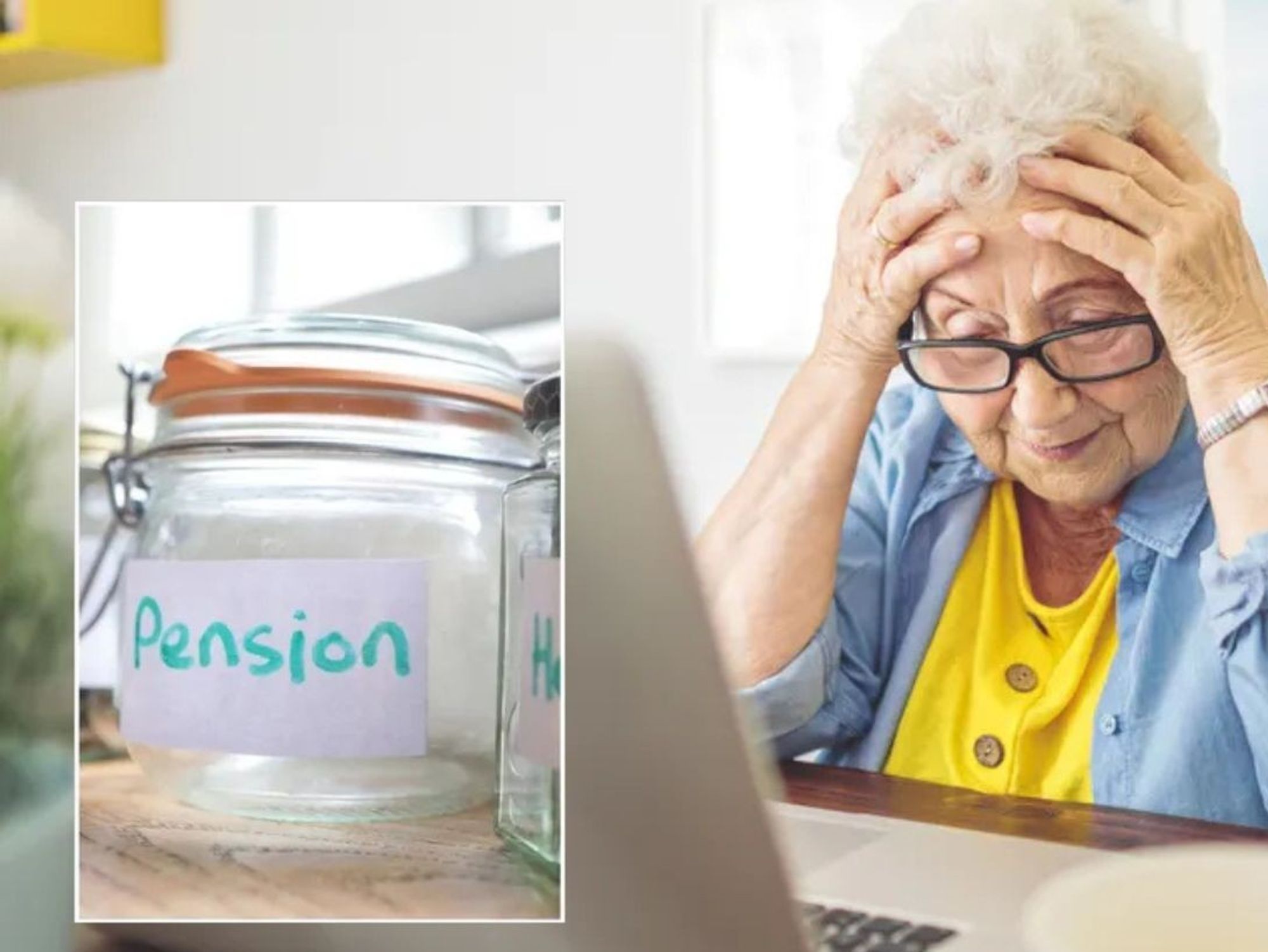 Pensioner, empty pensions pot and PensionBee logo