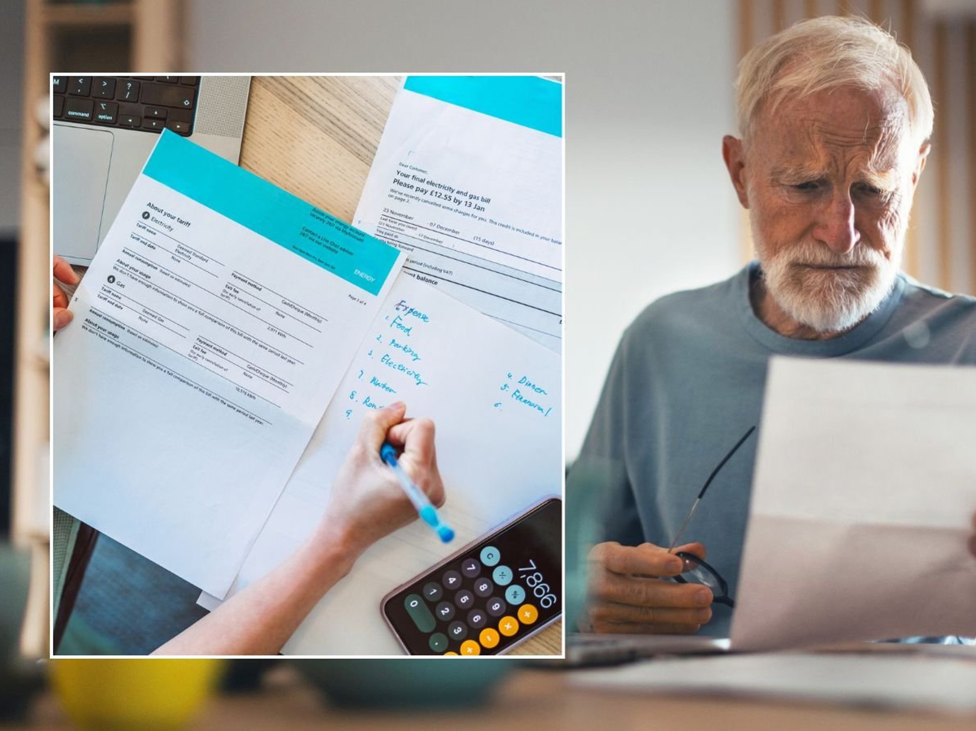 Pensioner looking at bill and energy bill