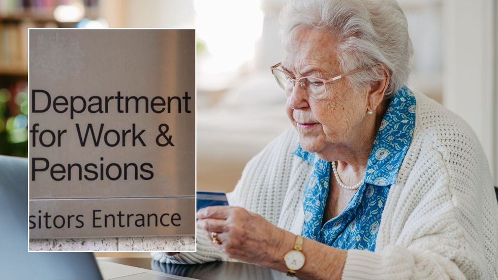Pensioner looking at card and DWP sign