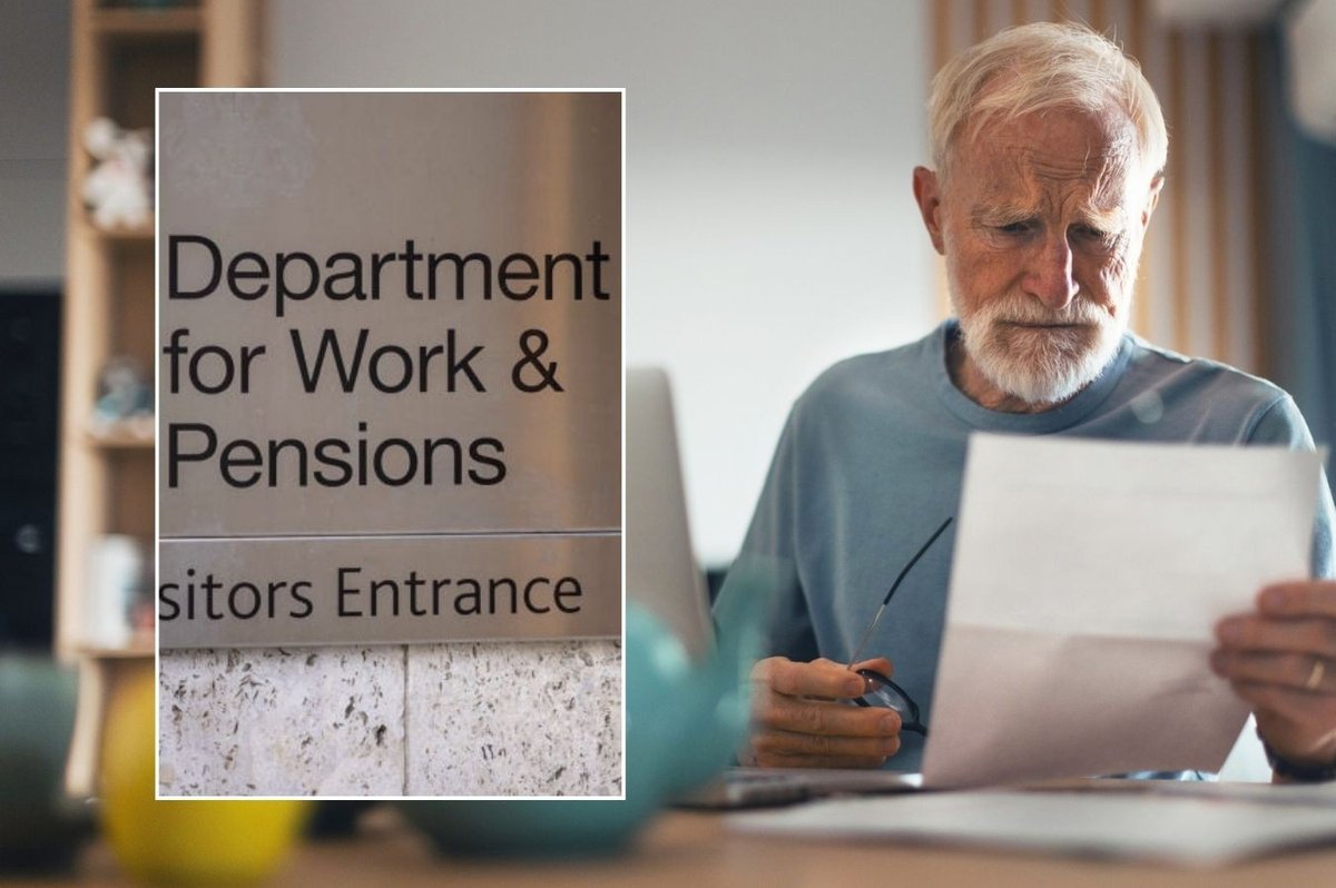 Pensioner looking at letter and DWP sign